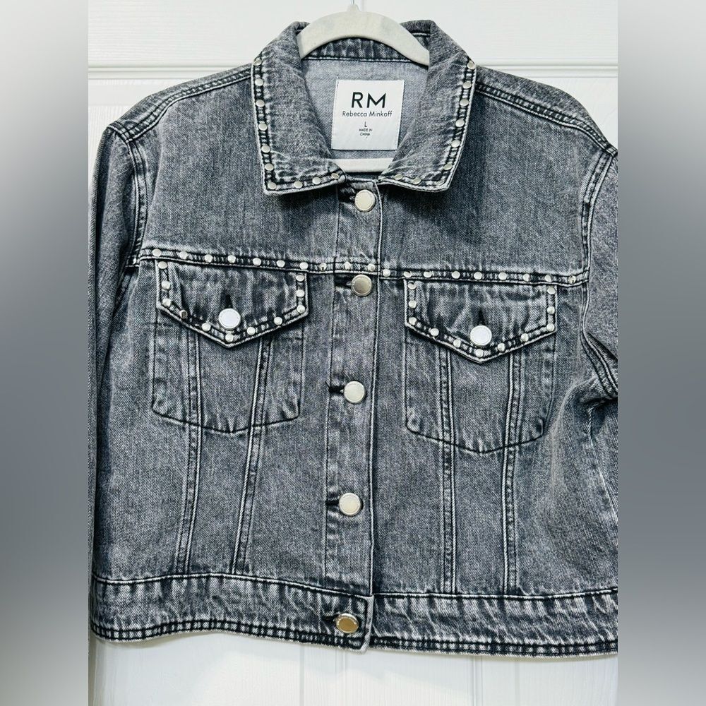 NWOT Rebecca Minkoff Studded Light Black Wash Denim Jean Jacket Women’s Sz L - Picture 2 of 16